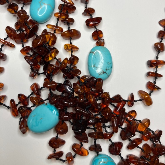 Six Strand Knotted Amber & Turquoise Necklace - Picture 4 of 8
